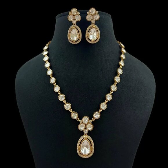 Premium Quality Golden Polish Moissanite Polki Necklace Set - Picture 3 of 4